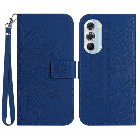 For Motorola Edge 30 Pro (Motorola Edge+ (2022)) Well-protected Imprinted Sunflower PU Leather Case Stand Wallet Skin-touch Phone Cover with Strap - Sapphire
