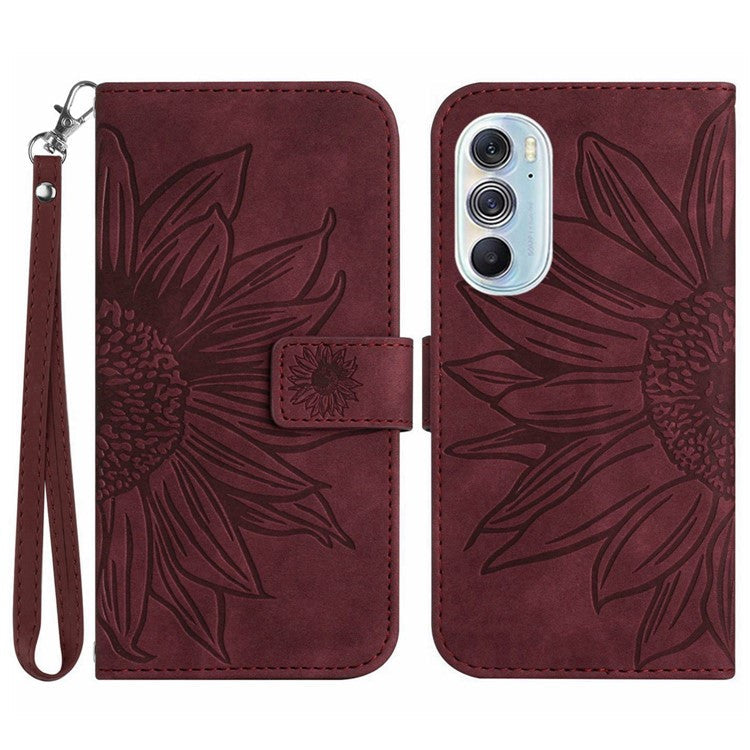 For Motorola Edge 30 Pro (Motorola Edge+ (2022)) Well-protected Imprinted Sunflower PU Leather Case Stand Wallet Skin-touch Phone Cover with Strap - Wine Red