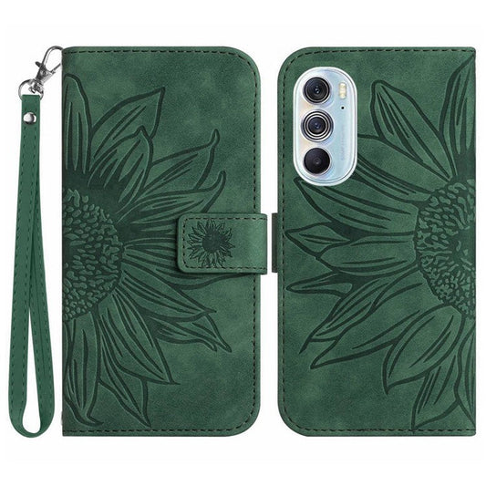For Motorola Edge 30 Pro (Motorola Edge+ (2022)) Well-protected Imprinted Sunflower PU Leather Case Stand Wallet Skin-touch Phone Cover with Strap - Dark Green