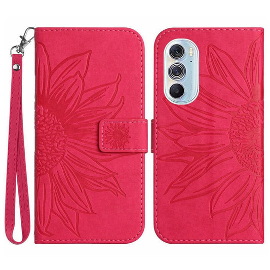 For Motorola Edge 30 Pro (Motorola Edge+ (2022)) Well-protected Imprinted Sunflower PU Leather Case Stand Wallet Skin-touch Phone Cover with Strap - Rose