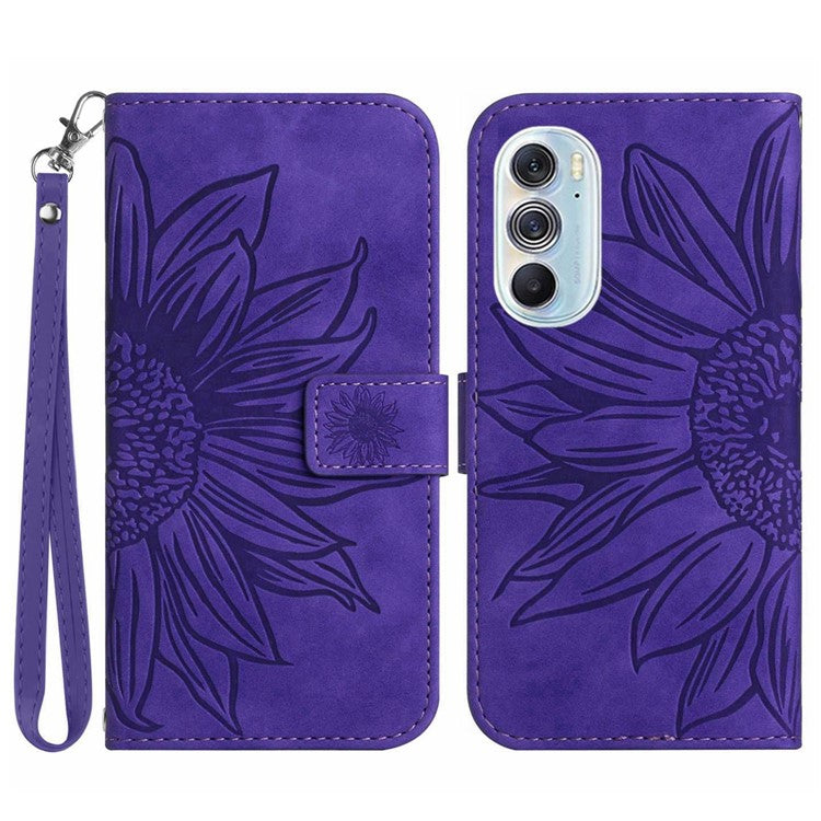 For Motorola Edge 30 Pro (Motorola Edge+ (2022)) Well-protected Imprinted Sunflower PU Leather Case Stand Wallet Skin-touch Phone Cover with Strap - Dark Purple