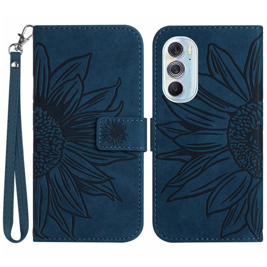 For Motorola Edge 30 Pro (Motorola Edge+ (2022)) Well-protected Imprinted Sunflower PU Leather Case Stand Wallet Skin-touch Phone Cover with Strap - Dark Blue