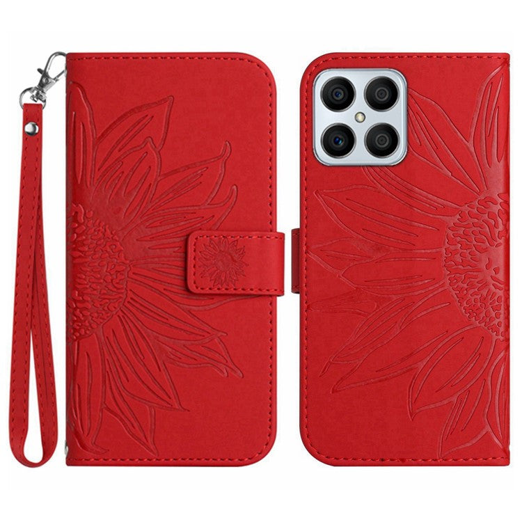 Skin-touch Shockproof Phone Case for Honor X8 4G, PU Leather Imprinted Sunflower Stand Wallet Folio Flip Cover with Strap - Red