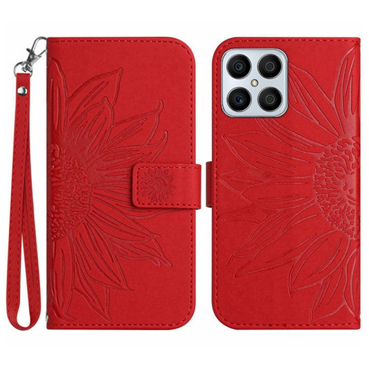 Skin-touch Shockproof Phone Case for Honor X8 4G, PU Leather Imprinted Sunflower Stand Wallet Folio Flip Cover with Strap - Red