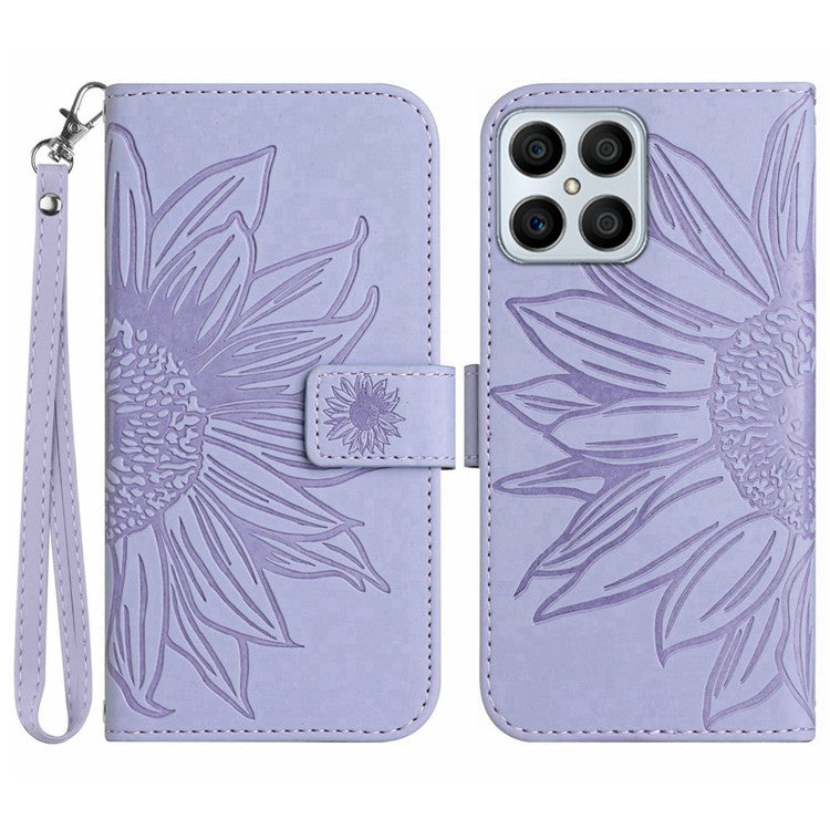 Skin-touch Shockproof Phone Case for Honor X8 4G, PU Leather Imprinted Sunflower Stand Wallet Folio Flip Cover with Strap - Light Purple