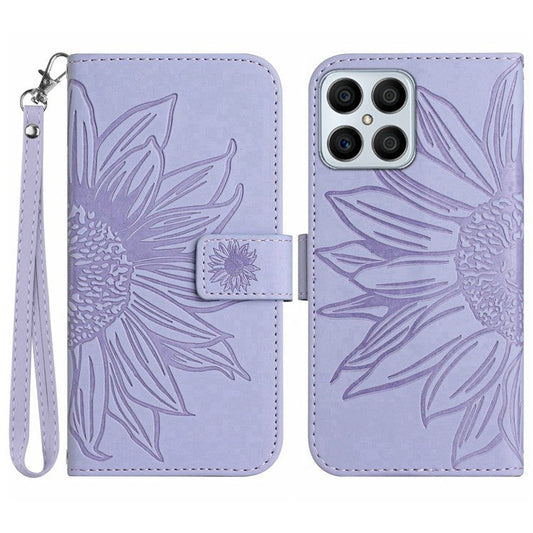 Skin-touch Shockproof Phone Case for Honor X8 4G, PU Leather Imprinted Sunflower Stand Wallet Folio Flip Cover with Strap - Light Purple