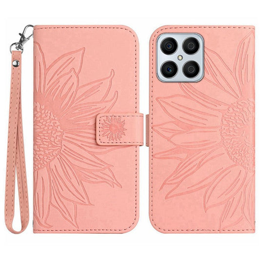Skin-touch Shockproof Phone Case for Honor X8 4G, PU Leather Imprinted Sunflower Stand Wallet Folio Flip Cover with Strap - Light Pink
