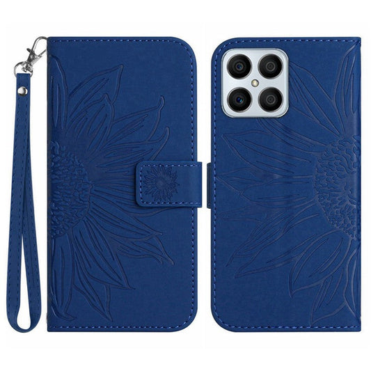 Skin-touch Shockproof Phone Case for Honor X8 4G, PU Leather Imprinted Sunflower Stand Wallet Folio Flip Cover with Strap - Sapphire