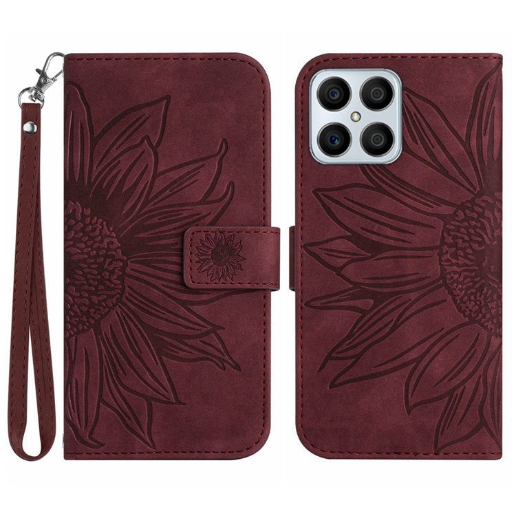 Skin-touch Shockproof Phone Case for Honor X8 4G, PU Leather Imprinted Sunflower Stand Wallet Folio Flip Cover with Strap - Wine Red