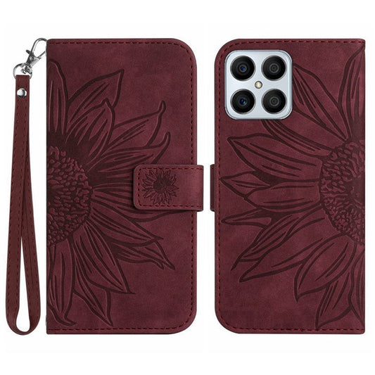 Skin-touch Shockproof Phone Case for Honor X8 4G, PU Leather Imprinted Sunflower Stand Wallet Folio Flip Cover with Strap - Wine Red