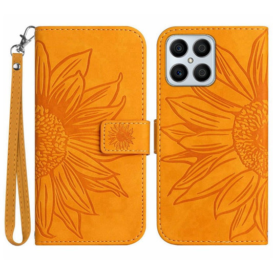 Skin-touch Shockproof Phone Case for Honor X8 4G, PU Leather Imprinted Sunflower Stand Wallet Folio Flip Cover with Strap - Yellow