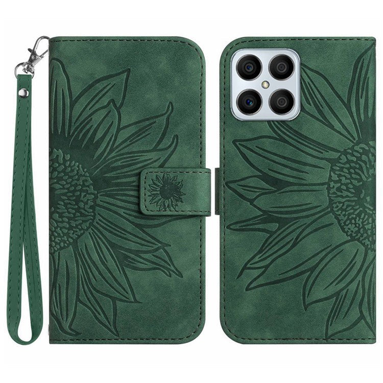 Skin-touch Shockproof Phone Case for Honor X8 4G, PU Leather Imprinted Sunflower Stand Wallet Folio Flip Cover with Strap - Dark Green