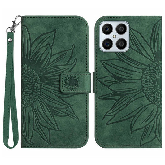 Skin-touch Shockproof Phone Case for Honor X8 4G, PU Leather Imprinted Sunflower Stand Wallet Folio Flip Cover with Strap - Dark Green