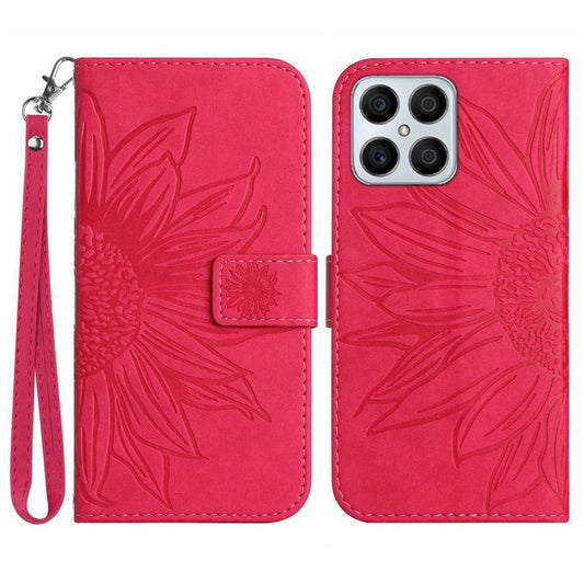 Skin-touch Shockproof Phone Case for Honor X8 4G, PU Leather Imprinted Sunflower Stand Wallet Folio Flip Cover with Strap - Rose