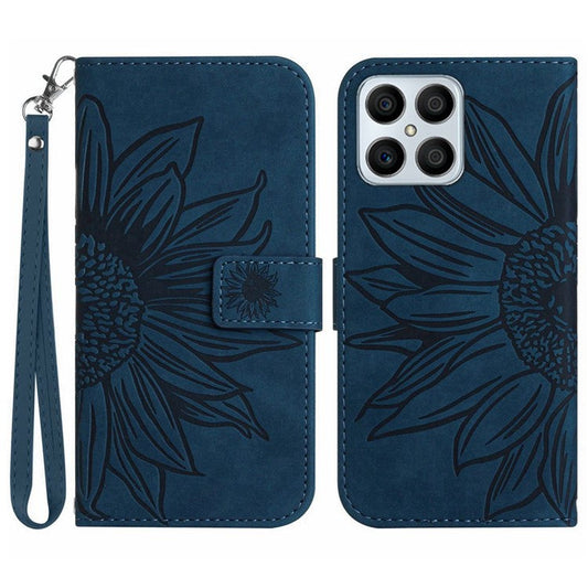 Skin-touch Shockproof Phone Case for Honor X8 4G, PU Leather Imprinted Sunflower Stand Wallet Folio Flip Cover with Strap - Dark Blue