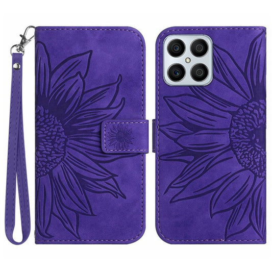 Skin-touch Shockproof Phone Case for Honor X8 4G, PU Leather Imprinted Sunflower Stand Wallet Folio Flip Cover with Strap - Dark Purple