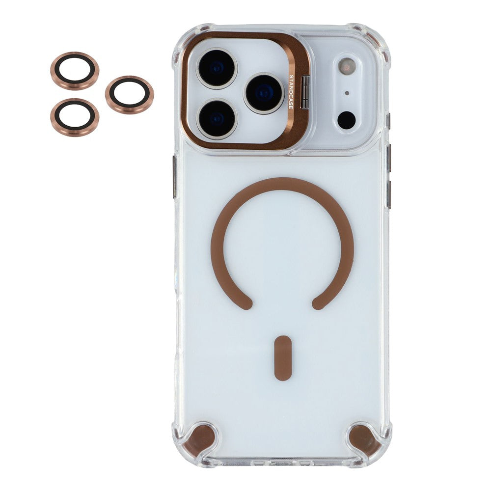 For iPhone 17 Pro Max Magnetic Case TPU PC Clear Phone Cover with Lens Frame Kickstand  /  Lens Film - Brown