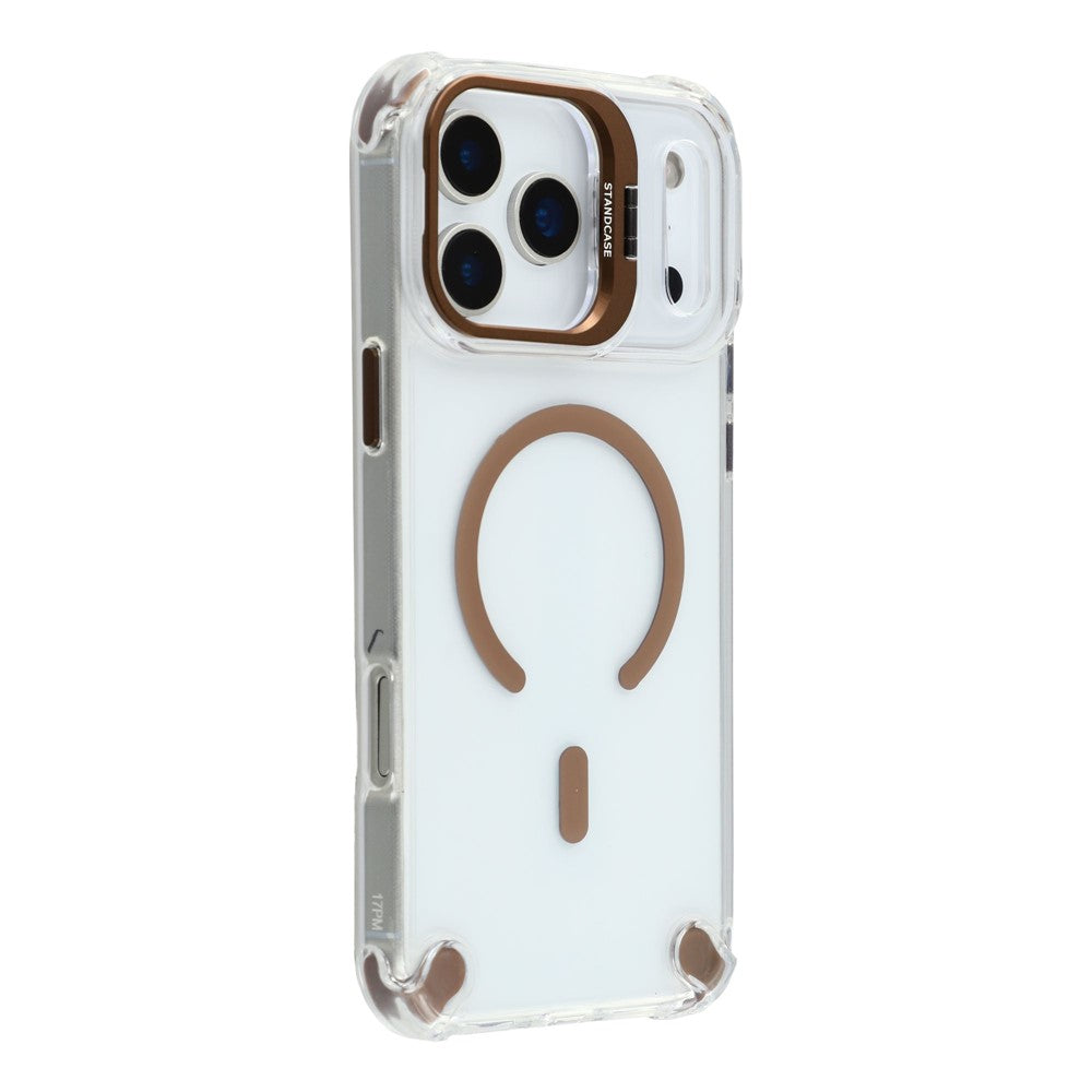 For iPhone 17 Pro Max Magnetic Case TPU PC Clear Phone Cover with Lens Frame Kickstand  /  Lens Film - Brown