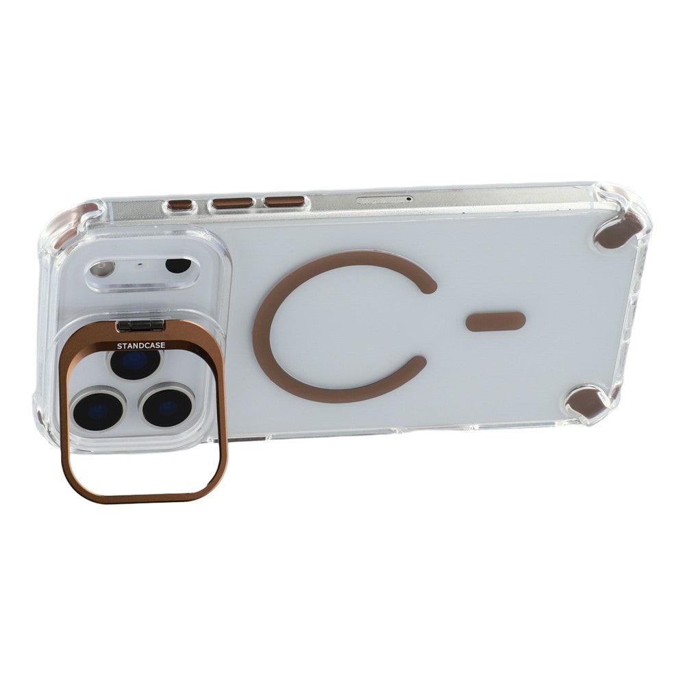For iPhone 17 Pro Max Magnetic Case TPU PC Clear Phone Cover with Lens Frame Kickstand  /  Lens Film - Brown