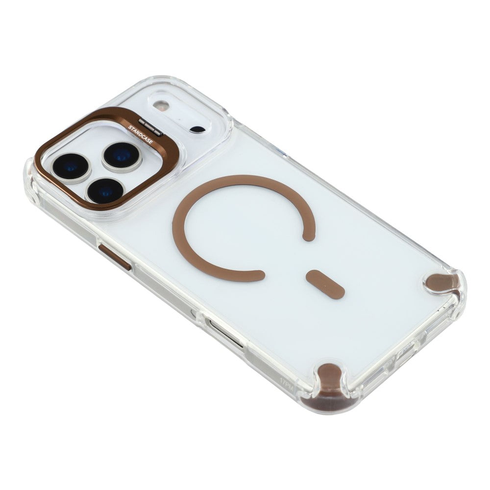 For iPhone 17 Pro Max Magnetic Case TPU PC Clear Phone Cover with Lens Frame Kickstand  /  Lens Film - Brown