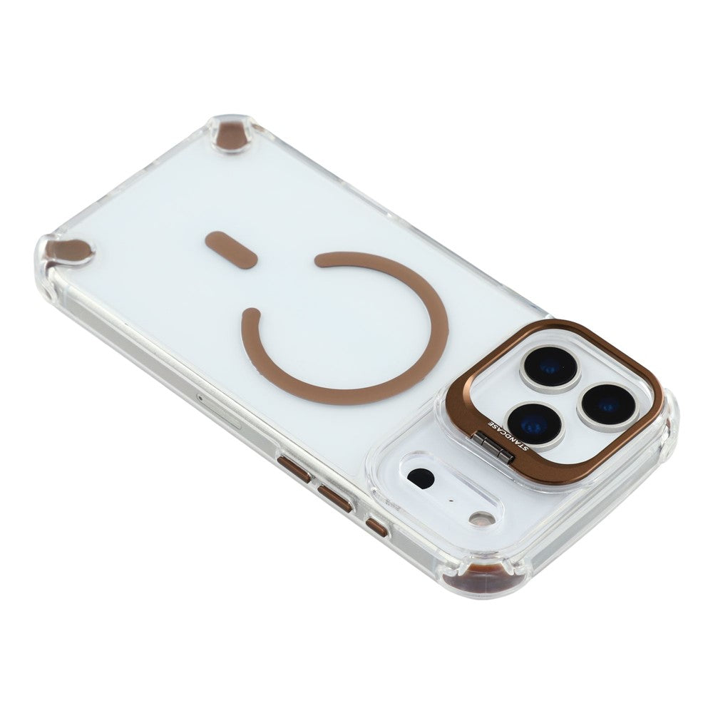 For iPhone 17 Pro Max Magnetic Case TPU PC Clear Phone Cover with Lens Frame Kickstand  /  Lens Film - Brown