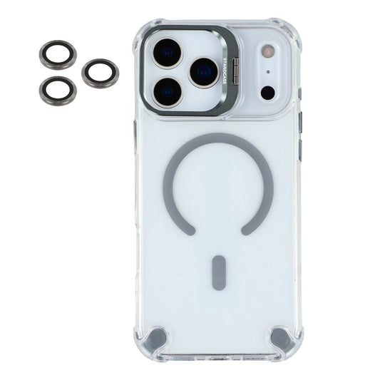 For iPhone 17 Pro Max Magnetic Case TPU PC Clear Phone Cover with Lens Frame Kickstand  /  Lens Film - Grey