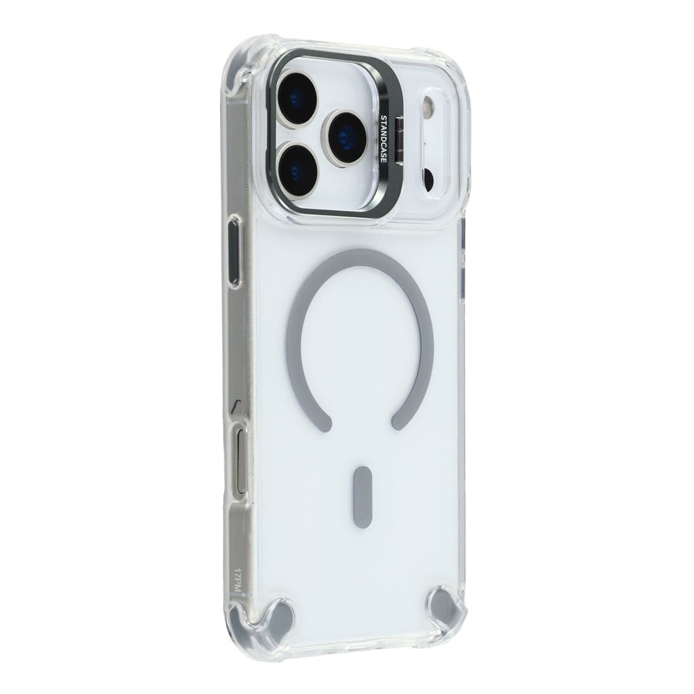 For iPhone 17 Pro Max Magnetic Case TPU PC Clear Phone Cover with Lens Frame Kickstand  /  Lens Film - Grey