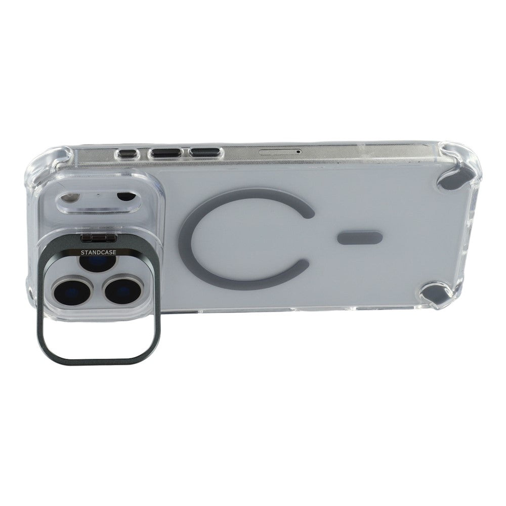 For iPhone 17 Pro Max Magnetic Case TPU PC Clear Phone Cover with Lens Frame Kickstand  /  Lens Film - Grey