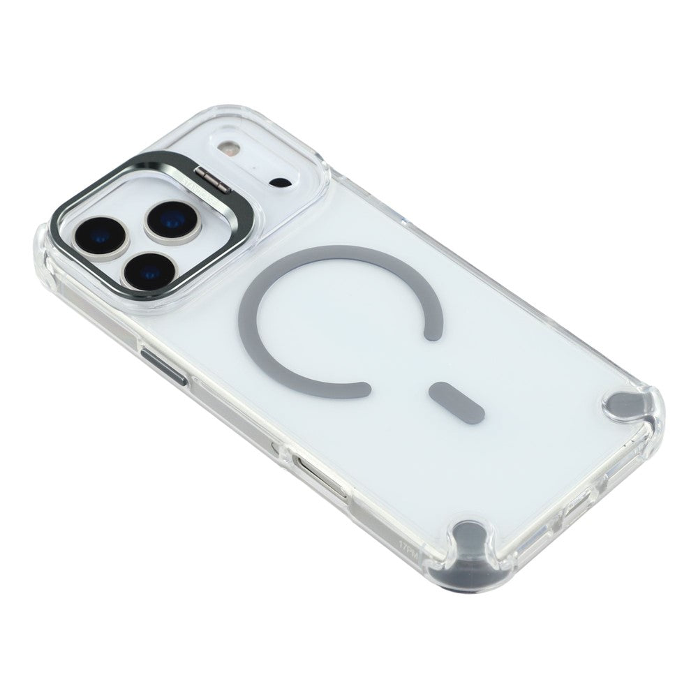 For iPhone 17 Pro Max Magnetic Case TPU PC Clear Phone Cover with Lens Frame Kickstand  /  Lens Film - Grey