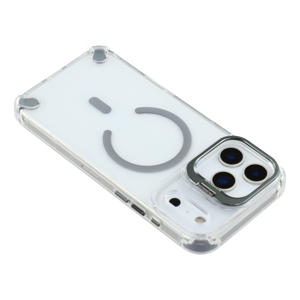 For iPhone 17 Pro Max Magnetic Case TPU PC Clear Phone Cover with Lens Frame Kickstand  /  Lens Film - Grey