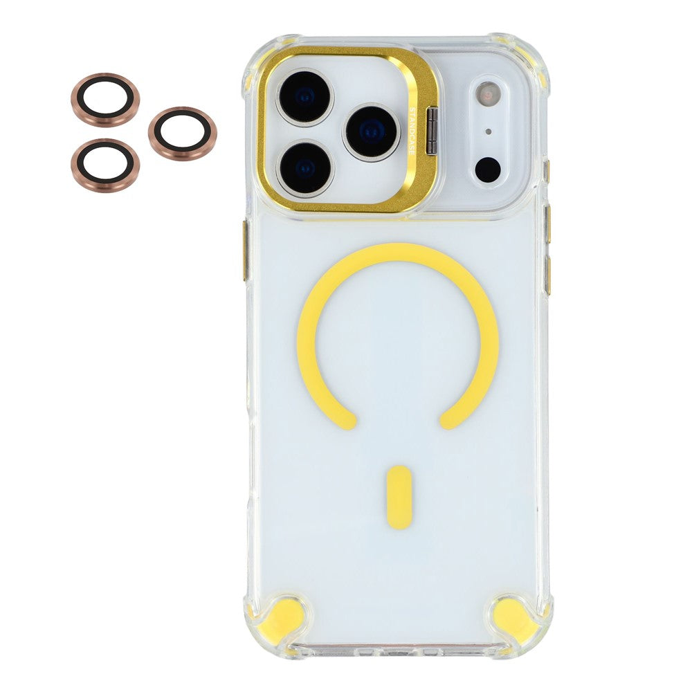 For iPhone 17 Pro Max Magnetic Case TPU PC Clear Phone Cover with Lens Frame Kickstand  /  Lens Film - Gold