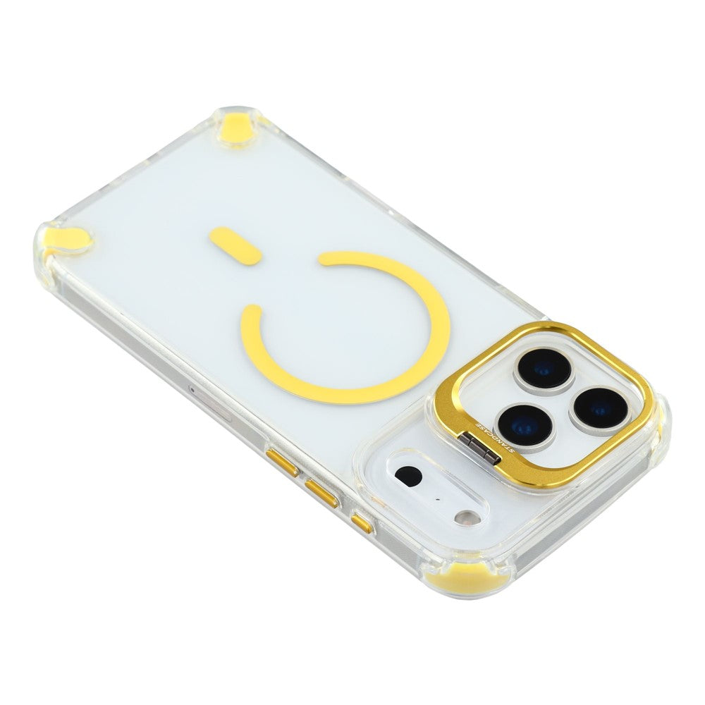 For iPhone 17 Pro Max Magnetic Case TPU PC Clear Phone Cover with Lens Frame Kickstand  /  Lens Film - Gold
