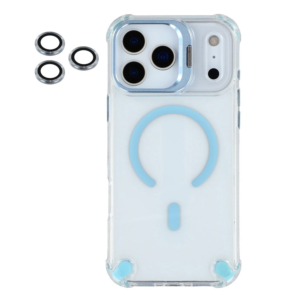 For iPhone 17 Pro Max Magnetic Case TPU PC Clear Phone Cover with Lens Frame Kickstand  /  Lens Film - Baby Blue