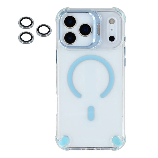 For iPhone 17 Pro Max Magnetic Case TPU PC Clear Phone Cover with Lens Frame Kickstand  /  Lens Film - Baby Blue