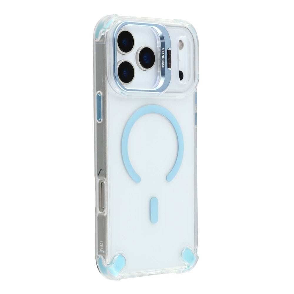 For iPhone 17 Pro Max Magnetic Case TPU PC Clear Phone Cover with Lens Frame Kickstand  /  Lens Film - Baby Blue