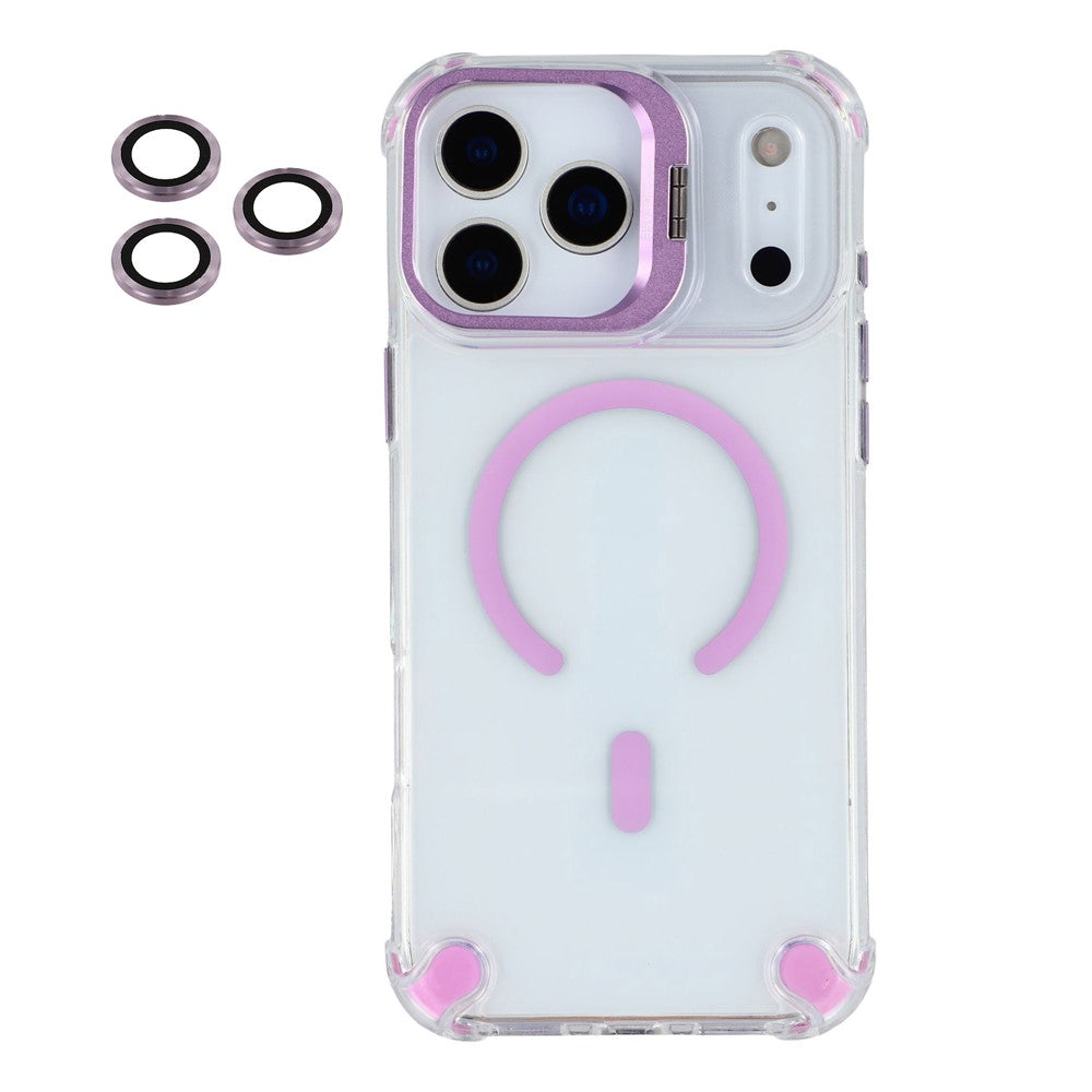 For iPhone 17 Pro Max Magnetic Case TPU PC Clear Phone Cover with Lens Frame Kickstand  /  Lens Film - Purple