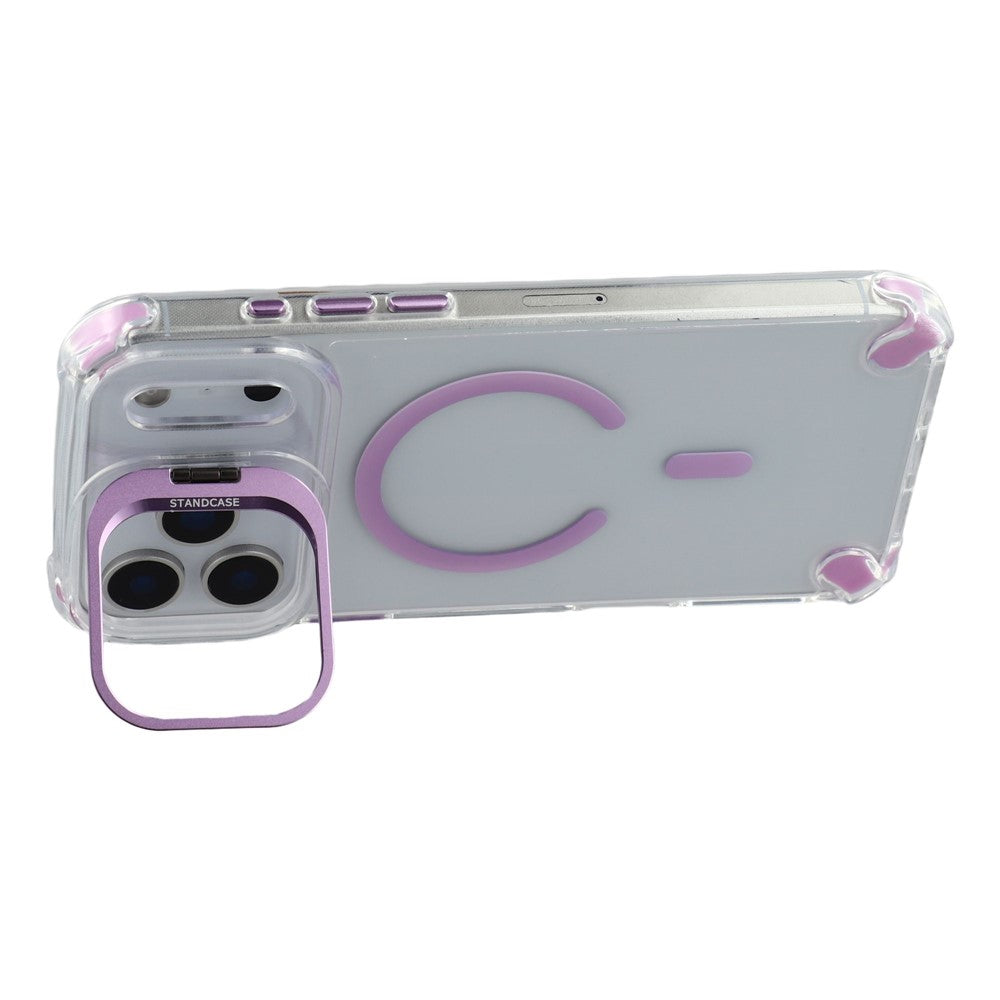 For iPhone 17 Pro Max Magnetic Case TPU PC Clear Phone Cover with Lens Frame Kickstand  /  Lens Film - Purple