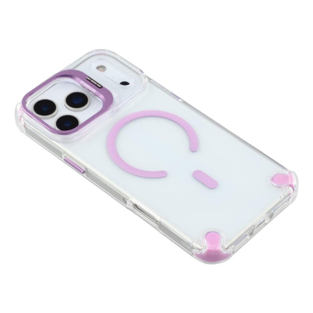 For iPhone 17 Pro Max Magnetic Case TPU PC Clear Phone Cover with Lens Frame Kickstand  /  Lens Film - Purple