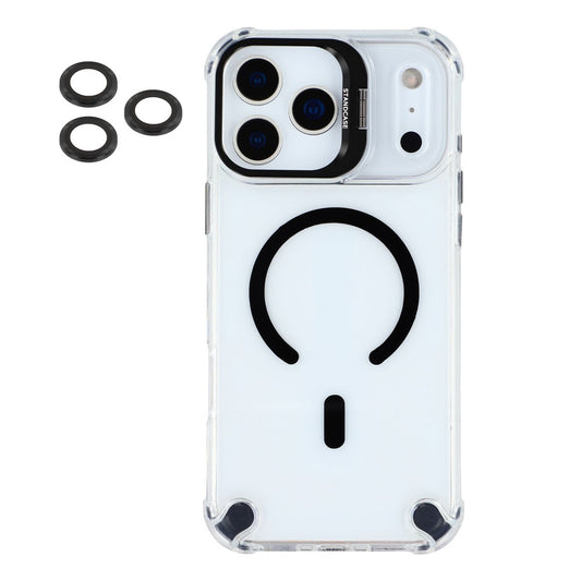 For iPhone 17 Pro Max Magnetic Case TPU PC Clear Phone Cover with Lens Frame Kickstand  /  Lens Film - Black