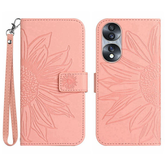 Skin-Touch Feeling Flip Phone Case for Honor 70 5G, Imprinted Sunflower Stand PU Leather Bump Proof Magnetic Wallet Cover with Strap - Light Pink