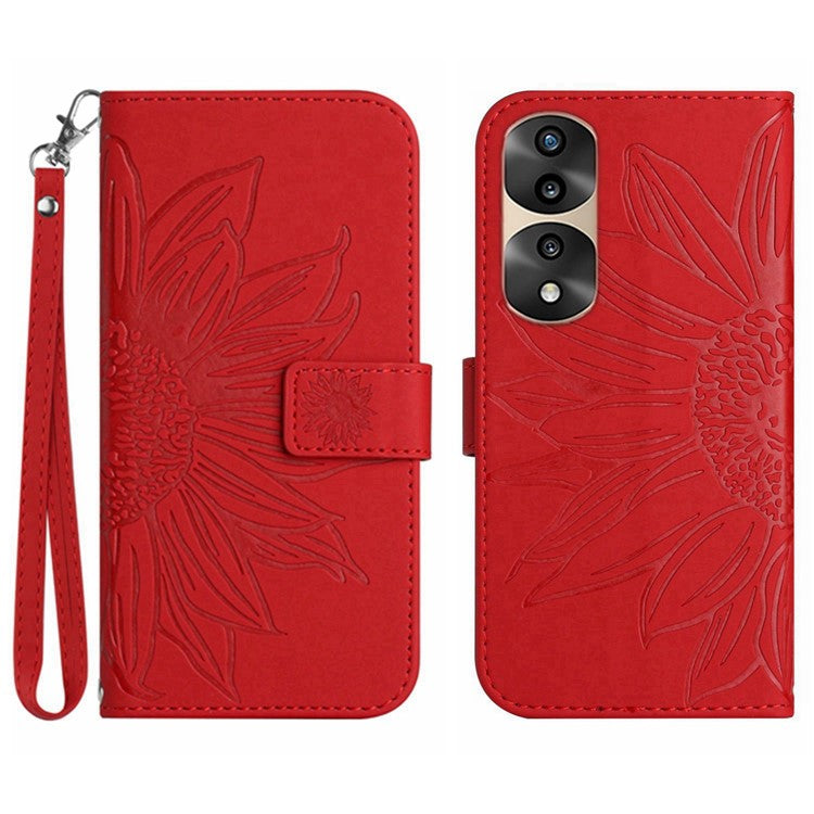 Skin-Touch Feeling Flip Phone Case for Honor 70 Pro 5G / 70 Pro+ 5G, Anti-fingerprint Imprinted Sunflower Stand PU Leather Magnetic Wallet Cover with Strap - Red