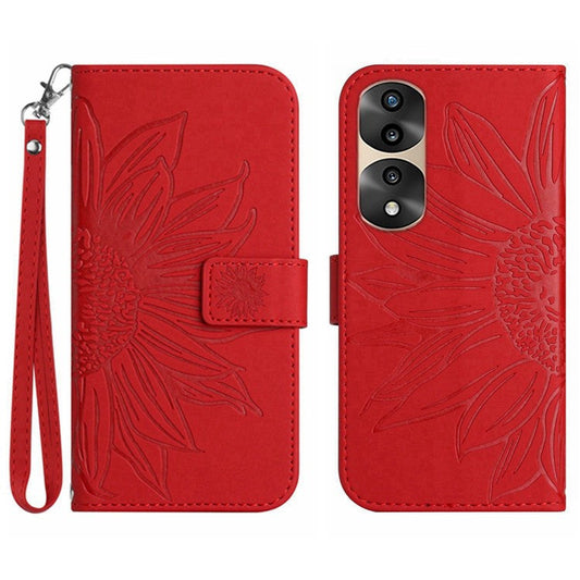 Skin-Touch Feeling Flip Phone Case for Honor 70 Pro 5G / 70 Pro+ 5G, Anti-fingerprint Imprinted Sunflower Stand PU Leather Magnetic Wallet Cover with Strap - Red