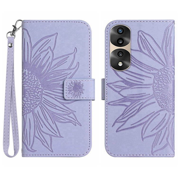 Skin-Touch Feeling Flip Phone Case for Honor 70 Pro 5G / 70 Pro+ 5G, Anti-fingerprint Imprinted Sunflower Stand PU Leather Magnetic Wallet Cover with Strap - Light Purple