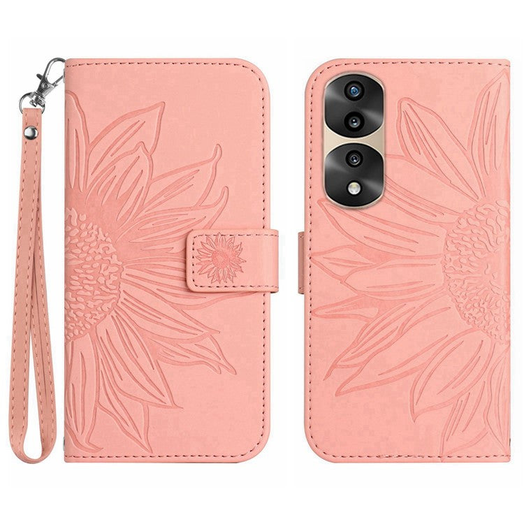 Skin-Touch Feeling Flip Phone Case for Honor 70 Pro 5G / 70 Pro+ 5G, Anti-fingerprint Imprinted Sunflower Stand PU Leather Magnetic Wallet Cover with Strap - Light Pink