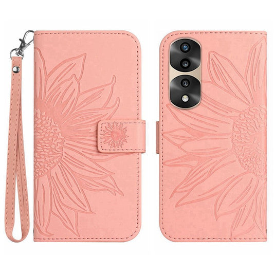 Skin-Touch Feeling Flip Phone Case for Honor 70 Pro 5G / 70 Pro+ 5G, Anti-fingerprint Imprinted Sunflower Stand PU Leather Magnetic Wallet Cover with Strap - Light Pink