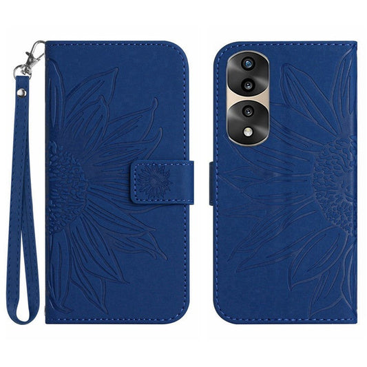 Skin-Touch Feeling Flip Phone Case for Honor 70 Pro 5G / 70 Pro+ 5G, Anti-fingerprint Imprinted Sunflower Stand PU Leather Magnetic Wallet Cover with Strap - Sapphire