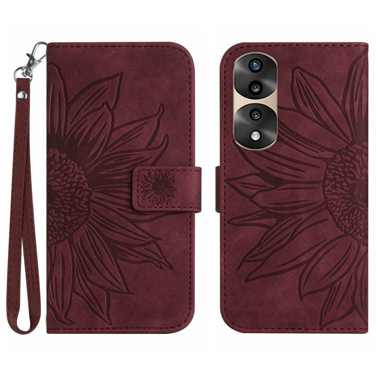 Skin-Touch Feeling Flip Phone Case for Honor 70 Pro 5G / 70 Pro+ 5G, Anti-fingerprint Imprinted Sunflower Stand PU Leather Magnetic Wallet Cover with Strap - Wine Red