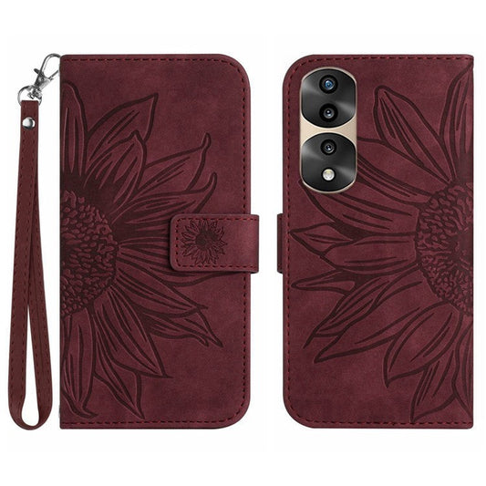 Skin-Touch Feeling Flip Phone Case for Honor 70 Pro 5G / 70 Pro+ 5G, Anti-fingerprint Imprinted Sunflower Stand PU Leather Magnetic Wallet Cover with Strap - Wine Red