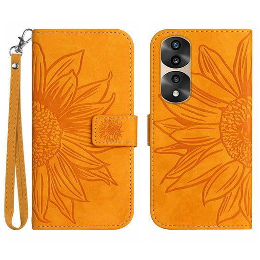 Skin-Touch Feeling Flip Phone Case for Honor 70 Pro 5G / 70 Pro+ 5G, Anti-fingerprint Imprinted Sunflower Stand PU Leather Magnetic Wallet Cover with Strap - Yellow