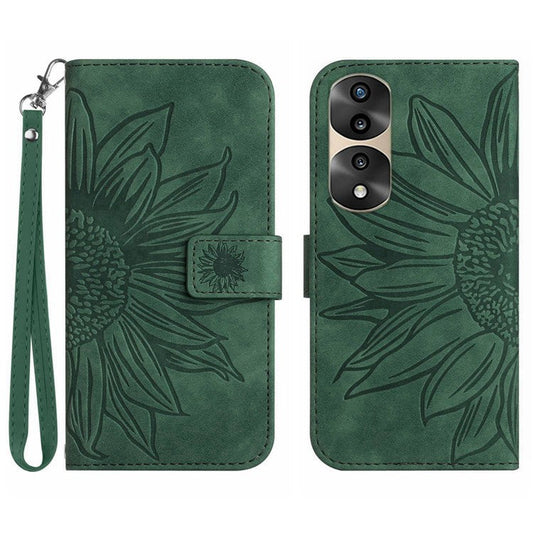 Skin-Touch Feeling Flip Phone Case for Honor 70 Pro 5G / 70 Pro+ 5G, Anti-fingerprint Imprinted Sunflower Stand PU Leather Magnetic Wallet Cover with Strap - Dark Green